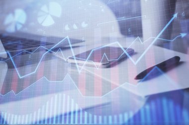 Ön x grafik çizimi ve cep telefonu arkaplanı çift pozlama. Mali veri analizi kavramı