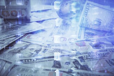 İki kez veri temasına maruz kalınca dolar banknotları arka planda kalıyor. Teknoloji konsepti.