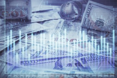 Forx grafiğinin çok sayıda görüntüsü bize dolar banknotları arka planında görünüyor. Finansal başarı piyasası kavramı.