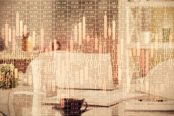 Doppelbelichtung Von Börsengrafik Und Bürointerieur Konzept Der Finanzanalyse — Stockfoto