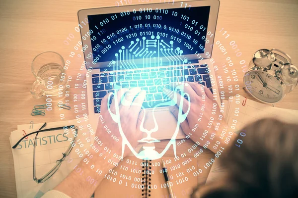 Double Exposure Man Hands Typing Computer Keyboard Brain Hologram Drawing — Stock Photo, Image