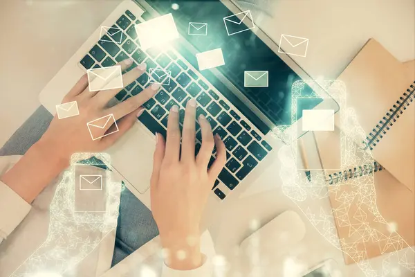 Double Exposure Woman Hands Working Computer Envelop Hologram Drawing Top — Stock Photo, Image
