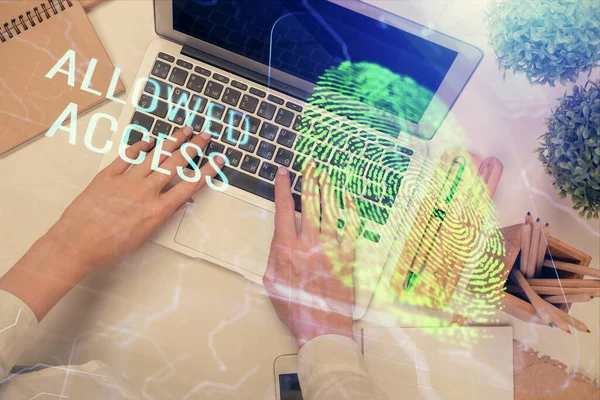 Double Exposure Woman Hands Working Computer Fingerprint Hologram Drawing Top — Stock Photo, Image