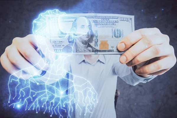 Multi Blootstelling Van Glazen Tekenen Hologram Usa Dollars Rekeningen Man — Stockfoto