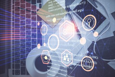 Çalışma masası arkaplanının üstünde bilgisayarla hologram çizen veriye çifte maruz kalma. Ai kavramı.