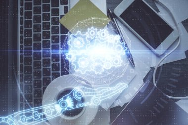 Çalışma masası arkaplanının üstünde bilgisayarla hologram çizen veriye çifte maruz kalma. Ai kavramı.