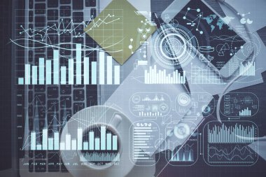 Bilgisayarla arka plan üzerine iki kat mali şema çizimi. Araştırma ve analiz kavramı. Üst görünüm.