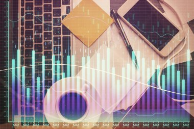 Bilgisayarla arka plan üzerine iki kat mali şema çizimi. Araştırma ve analiz kavramı. Üst görünüm.