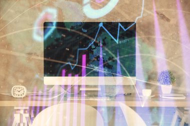 Finansal grafik çizimi ve ofis içi arka planının çoklu pozu. Pazar analizi kavramı.