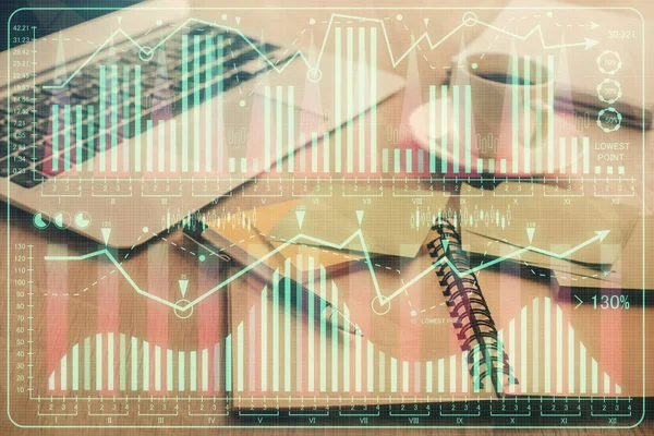 Önx grafik çizimi ve masaüstü ile kahve ve masa arkasındaki öğelerin çoklu pozlandırılması. Finansal piyasa ticareti kavramı