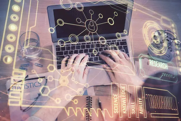 Double Exposure Man Hands Typing Computer Keyboard Data Theme Hologram — Stock Photo, Image