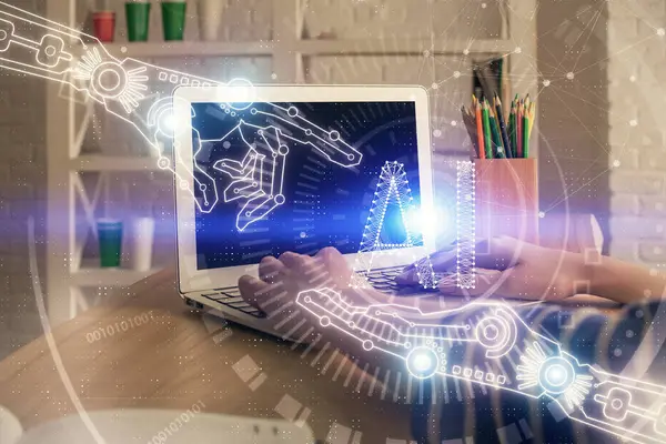 Double Exposure Woman Hands Working Computer Data Theme Hologram Drawing — Stock Photo, Image