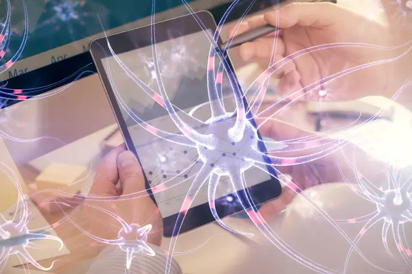 Double Exposure Man Hands Holding Using Phone Neuron Drawing Education — Stock Photo, Image