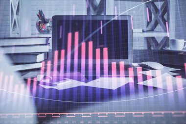 Eski pazar grafiği hologramı ve kişisel bilgisayar geçmişi. Çoklu maruz kalma. Yatırım kavramı.