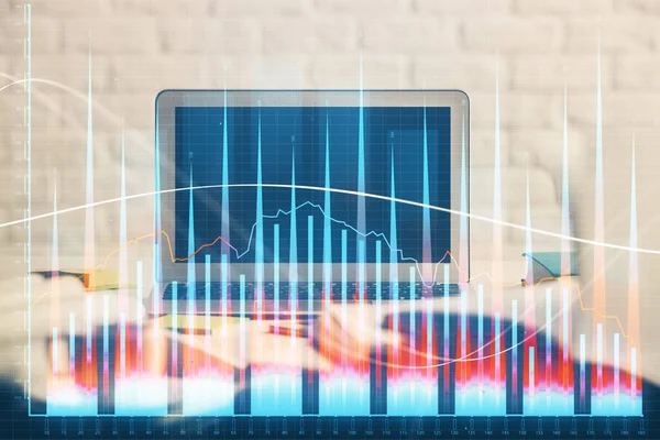 Aandelenmarkt Grafiek Tabel Met Computer Achtergrond Meervoudige Blootstelling Begrip Financiële — Stockfoto