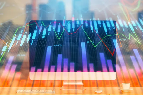 Eski pazar grafiği hologramı ve kişisel bilgisayar geçmişi. Çoklu maruz kalma. Yatırım kavramı.