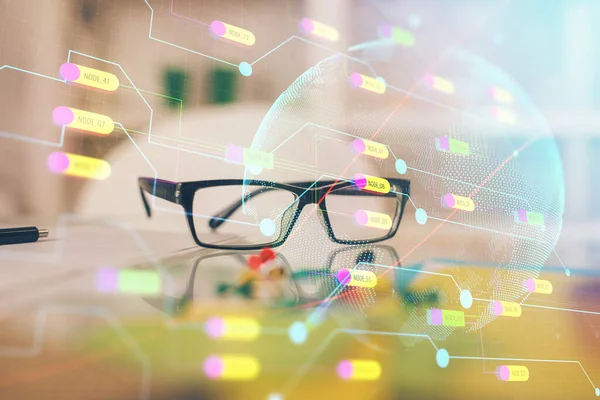 Map Hologram Glasses Table Background Concept Globalization Double Exposure — Stock Photo, Image