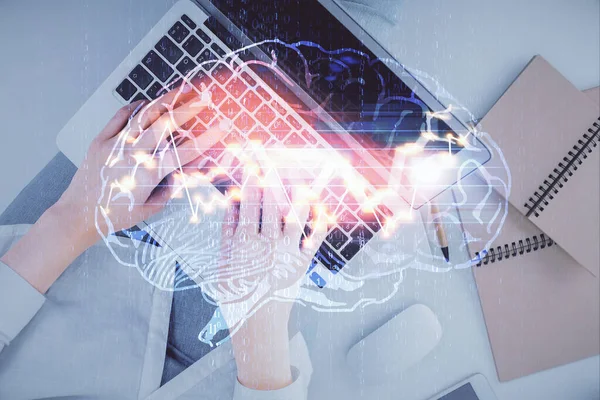 Double Exposure Woman Working Computer Andhuman Brain Hologram Drawing Top — Stock Photo, Image