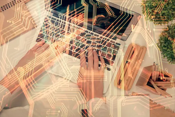 Double Exposure Woman Hands Working Computer Tech Theme Hologram Drawing — Stock Photo, Image