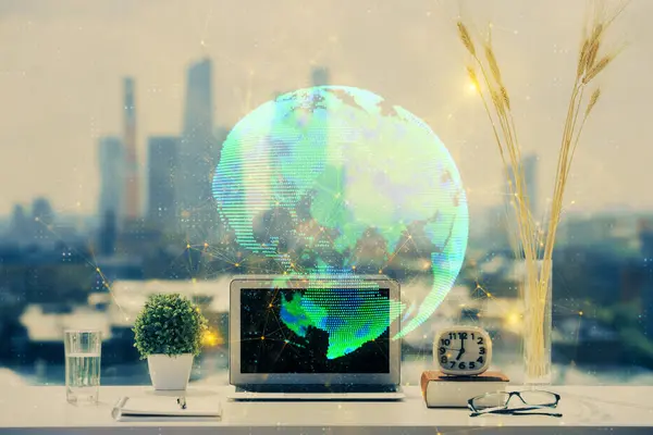Dator Skrivbordet Med Socialt Nätverk Hologram Dubbel Exponering Begreppet Internationella — Stockfoto