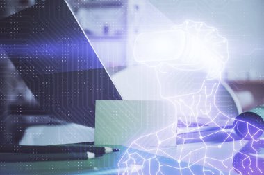 AR tema simgesi olan bilgisayar masaüstünde. Çoklu maruz kalma. Artırılmış gerçeklik kavramı.