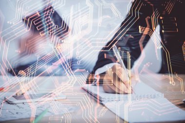 Teknoloji temasının arka plan notları alan insanların üzerine çift pozlanması. Teknoloji kavramı