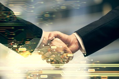 İki kişinin veri temalı hologramı ve el sıkışması. Bilişim endüstrisi konseptinde ortaklık.