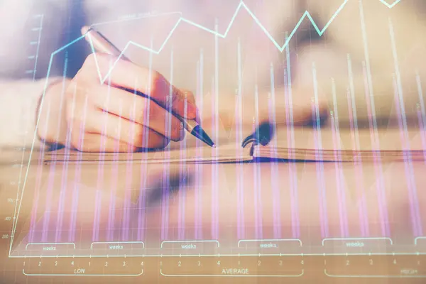 Handen Schrijven Informatie Aandelenmarkt Kladblok Forex Grafiek Hologrammen Vooraan Concept — Stockfoto