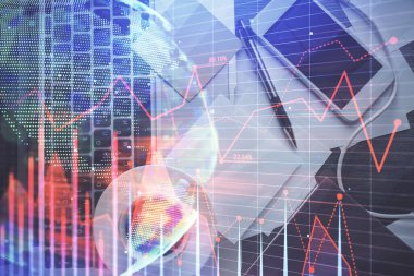 Bilgisayarla arka plan üzerine iki kat mali şema çizimi. Araştırma ve analiz kavramı. Üst görünüm.