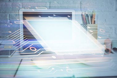 Arka planda kişisel bilgisayarı ve teknik tema çizimi olan iki kat masaüstü görüntüsü. Büyük Veri Kavramı.