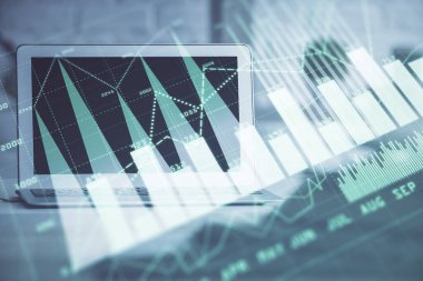 Bilgisayar geçmişi olan eski grafik hologramı. Çifte maruziyet. Finans piyasası kavramı.