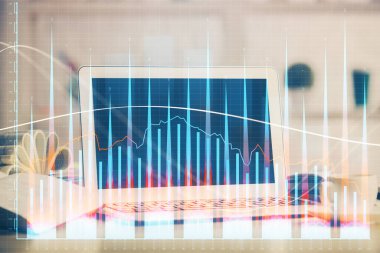 Bilgisayar geçmişi olan eski grafik hologramı. Çifte maruziyet. Finans piyasası kavramı.