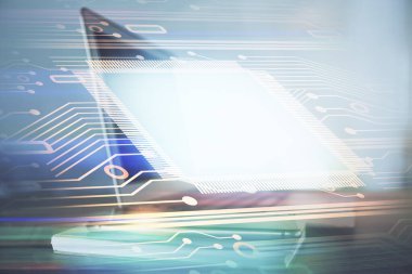 Bilgisayar ve teknoloji temalı çizimlere çifte maruz kalma. Yenilik kavramı.