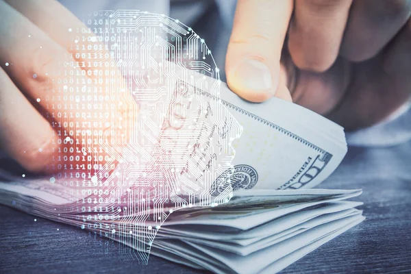 Beynin holograma maruz kalması, bize dolar banknotları ve insan eli çizmesi. Ai yatırım konsepti