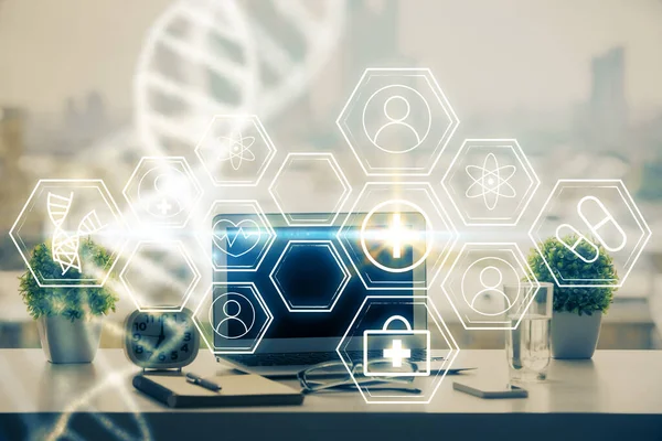Desktop Computer Background Dna Drawing Double Exposure Science Concept — Stock Photo, Image