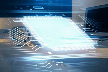 Teknoloji temalı çizim ve bilgisayarla çalışma alanı. Çoklu maruz kalma. Yenilik kavramı.