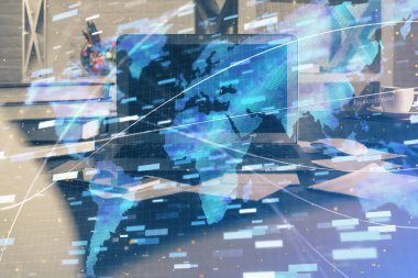 Teknoloji temalı çizim ve bilgisayarla çalışma alanı. Çifte maruziyet. Yenilik kavramı.