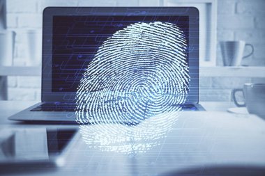 Ofisteki bilgisayarın parmak izi çizimi. Çifte maruziyet. İş veri güvenliği kavramı.