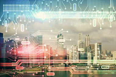 Veri temalı hologram gökdelenler arka planda çoklu pozlama ile şehir görünümüne çizim yapıyor. Büyük veri kavramı.