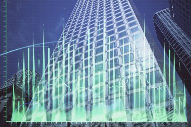 Yüksek binaların arka planında çoklu pozlama olan eski şehir haritası. Finansal araştırma kavramı.