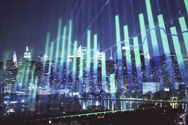 Cityscape arka plan üzerinde forex grafik çizimleri çift pozlama. Başarı kavramı.