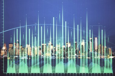 Yüksek binalar arka plan çift pozlama ile gece şehir scape mali grafik. Analiz kavramı.