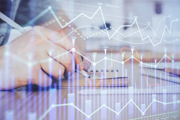 Multi Exponering Närbild Händer Med Aktiemarknaden Forex Graph Forsknings Och — Stockfoto