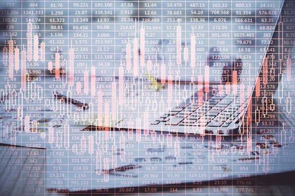 Dupla Exposição Gráfico Informações Financeiras Espaço Trabalho Com Fundo Computador — Fotografia de Stock