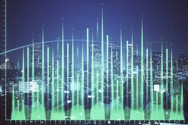 Οικονομικό Γράφημα Για Νυχτερινό Τοπίο Της Πόλης Ψηλό Κτίριο Φόντο — Φωτογραφία Αρχείου
