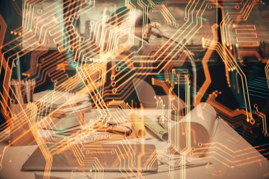 Teknoloji temalı çizimlere ve ofis içi arka planına çifte maruz kalma. Teknoloji konsepti.