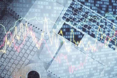 Finans piyasası grafiği ve masaüstü bilgisayarının üst görüntüsü. Çoklu maruz kalma. Yatırım kavramı.