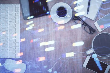 Çalışma masasının üzerine teknoloji teması çizimi çifte pozlama. Üst Manzara. Küresel veri analiz kavramı.