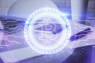 Blockchain temalı çizim ve cep telefonu arkaplanının çifte pozu. Şifreleme pazarı kavramı