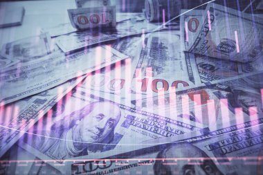 Forx grafiğinin çok sayıda görüntüsü bize dolar banknotları arka planında görünüyor. Finansal başarı piyasası kavramı.